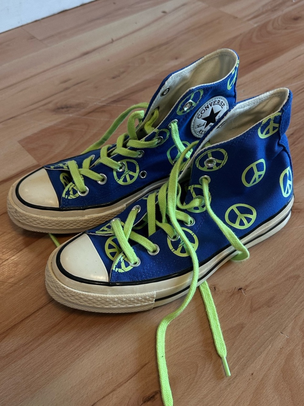 Converse Blue High Top Sneakers with Neon Green Peace Signs